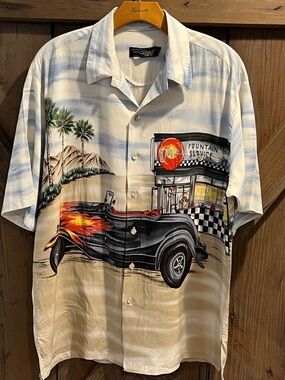 Tori Richard Hawaiian Button-Up S/S Shirt Ford Roadster Tan Blue Men's XL